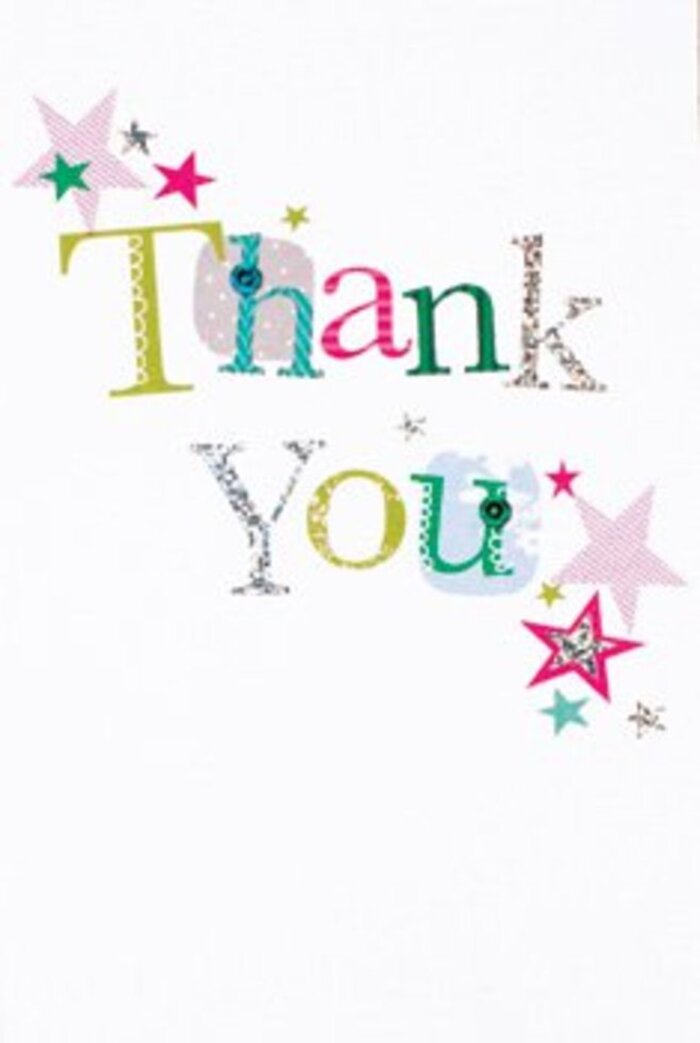 The arrangement of colours and textures on this thank you card brims with quiet exuberance and resonates with the creative vibrancy that pulses through Hackney Marshes. Each letter of 'Thank You' stands apart, uniquely adorned-some with playful dots, others with elegant stitched patterns or glistening silver highlights, all combining lime, pink, teal, and soothing blue hues. Tiny stars cluster around the text, sparkling in shades of gold, magenta, and turquoise, bestowing the card with a sense of subtle celebration as if reflecting the lively community events held beside the old towpaths. The composition is fresh and contemporary, set against a spotless white ground that lets each colour and motif shine unobstructed, recalling the striking contrast of colourful graffiti art amid Hackney's open fields. There's a gentle sophistication and warmth at play; the card is neither fussy nor too formal, harmonising with the familiar friendliness one finds in local Hackney Marshes shops. It would rest beautifully alongside any bouquet-from rustic wildflowers to bold statement stems-serving as a heartfelt token of thanks with universal appeal. This design encapsulates both uplifting spirit and genuine connection, offering recipients a tangible moment of joy akin to receiving flowers and gratitude on a sunny Hackney afternoon.