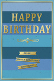 This sophisticated birthday card combines tranquil blue tones with gently gleaming gold details to create an atmosphere of relaxed celebration, the sort of understated elegance you might associate with a thoughtfully chosen gift from a local Hackney Marshes artisan shop. The background is formed from wide, horizontal stripes that graduate from deep navy through mid-blue to a paler, almost sky-like shade, evoking the layered colours of the sky over the marshes as day slowly brightens. Centered on this soothing canvas, the greeting HAPPY BIRTHDAY appears in large, embossed gold letters. The capitals are strong and clearly defined, their metallic finish catching ambient light so that small highlights dance across the surface while subtle shadows sit in the recessed outlines. Just beneath, a refined golden flourish stretches gracefully, like a decorative underline that quietly links tradition with modern simplicity. Below this flourish, three neatly arranged gold banners are set one under another, each slender ribbon carrying part of the inviting message: Relax, have a great day and enjoy! The gold embossing of these banners adds texture and depth, contrasting with the soft, matte feel suggested by the blue background. The overall lighting in the scene appears natural and even, allowing the interplay between cool blues and warm gold to stand out without glare. It is easy to imagine this card standing beside a freshly arranged birthday bouquet on a dining table near the River Lea, a calm focal point amidst flowers, wrapped gifts, and the gentle murmur of friends gathering to celebrate. The card's design expresses a quiet, genuine wish for comfort, joy, and unhurried enjoyment of the special day.